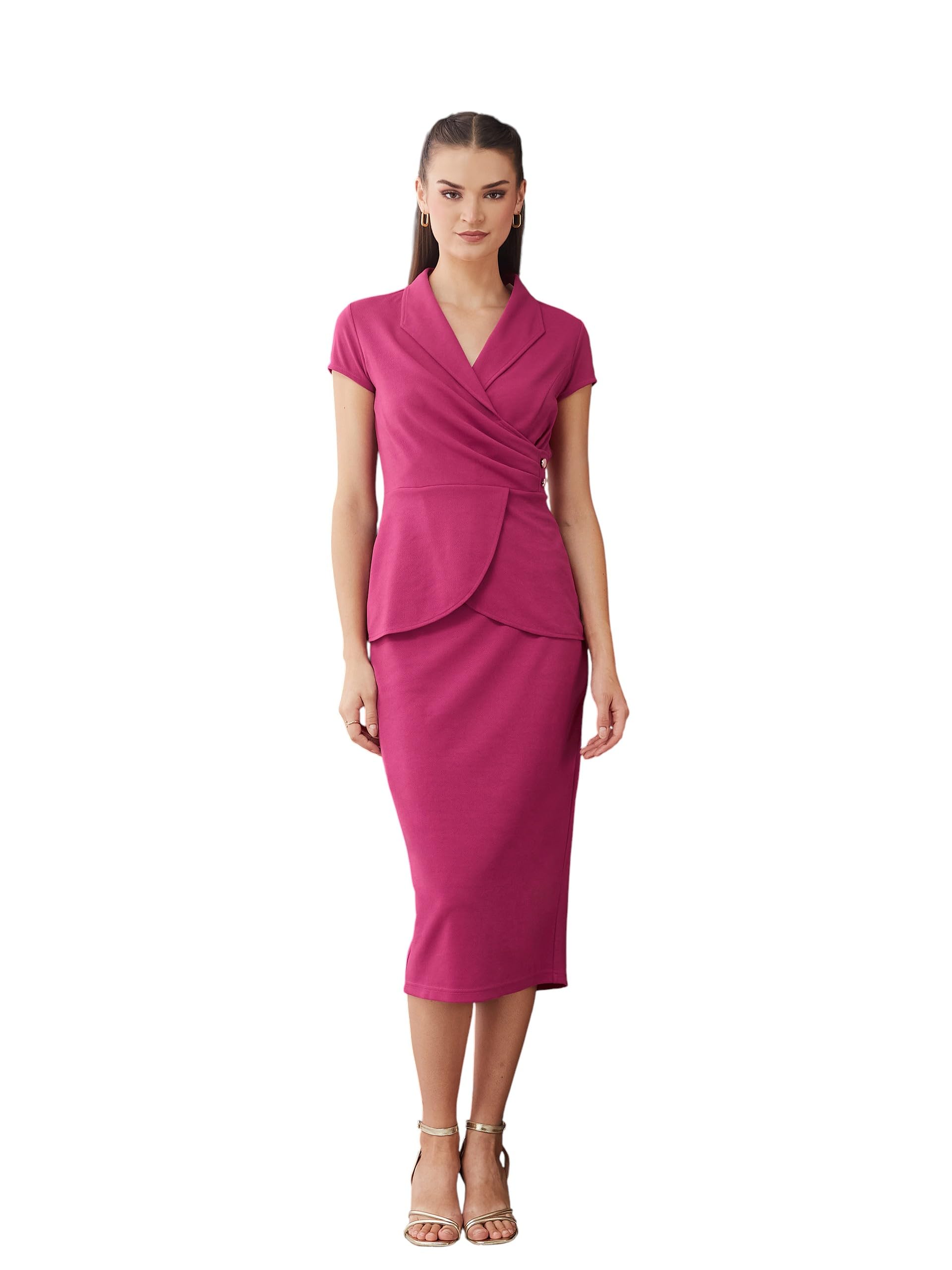 Women’s Magenta Collared Pleated Knee-Length Formal Co-Ord Set