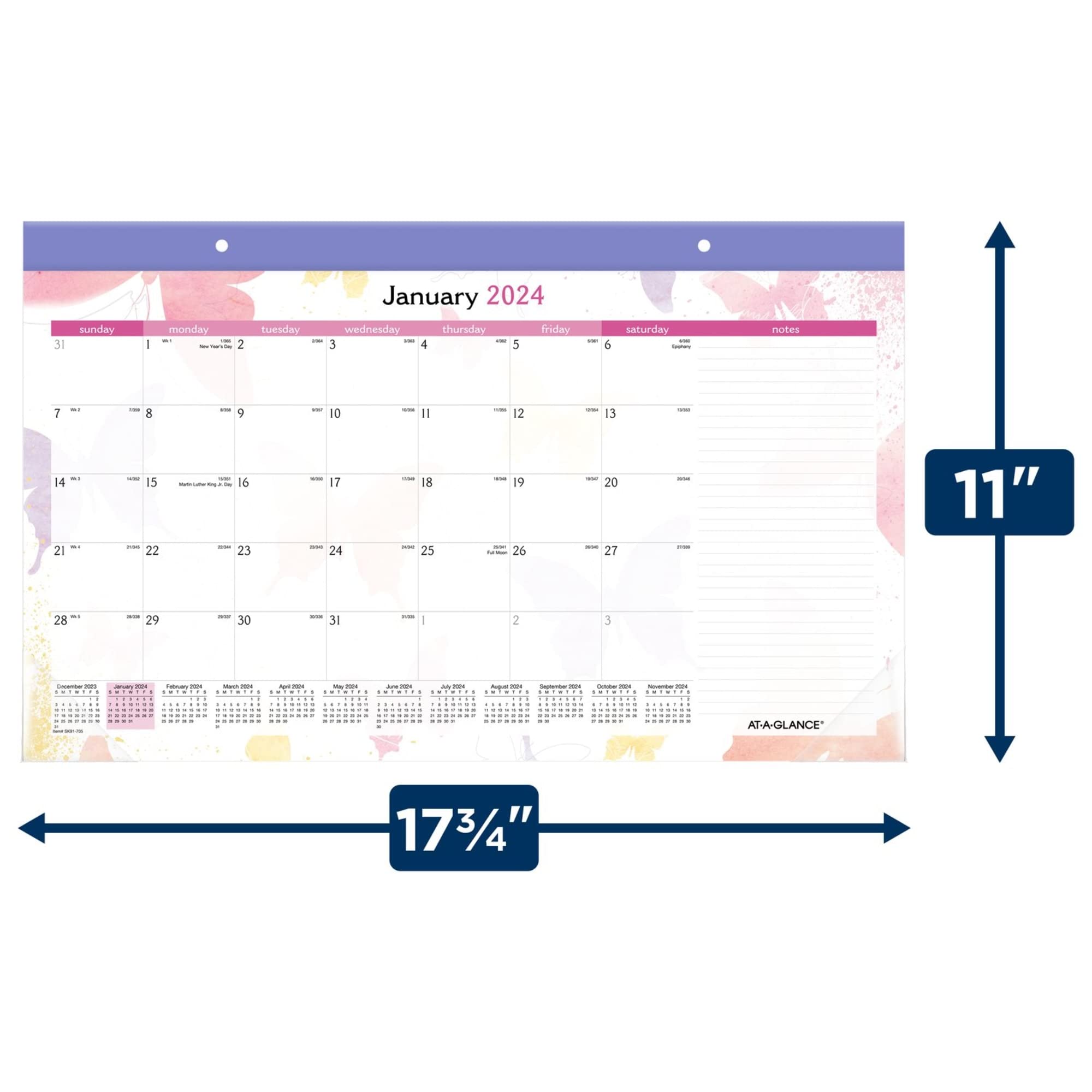 AT-A-GLANCE® Monats-Schreibtischunterlage für 2024, Aquarellfarben, 44,5 x 27,9 cm, 100 % recycelt, Januar bis Dezember 2024, SK91-70