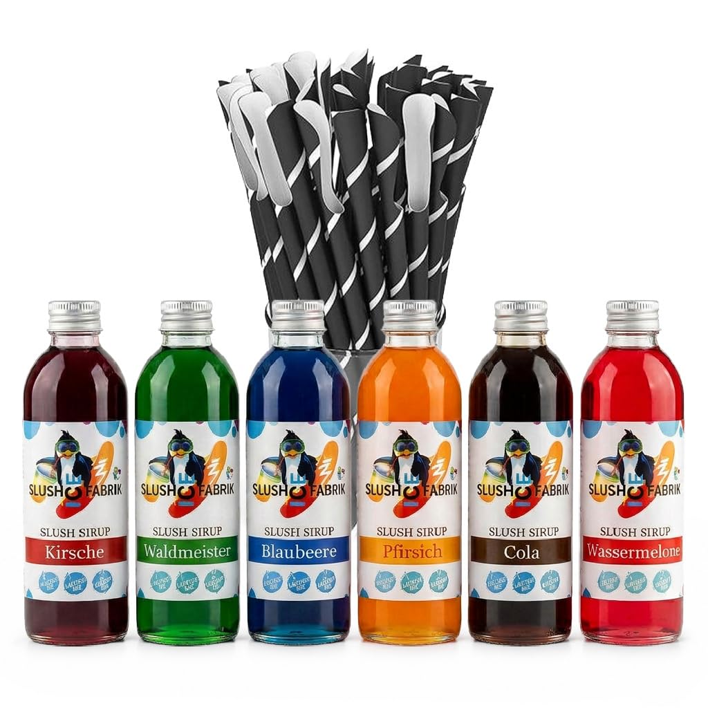 Sirup Partyset 6 x 250ml und 125 Löffelstrohhalme für Slush, Getränke Hergestellt ohne AZO und Glycerin | Slushy selber machen | Slushmaschine Aroma Konzentrat 1:5, Perfekt für Ninja Slushy Maschine