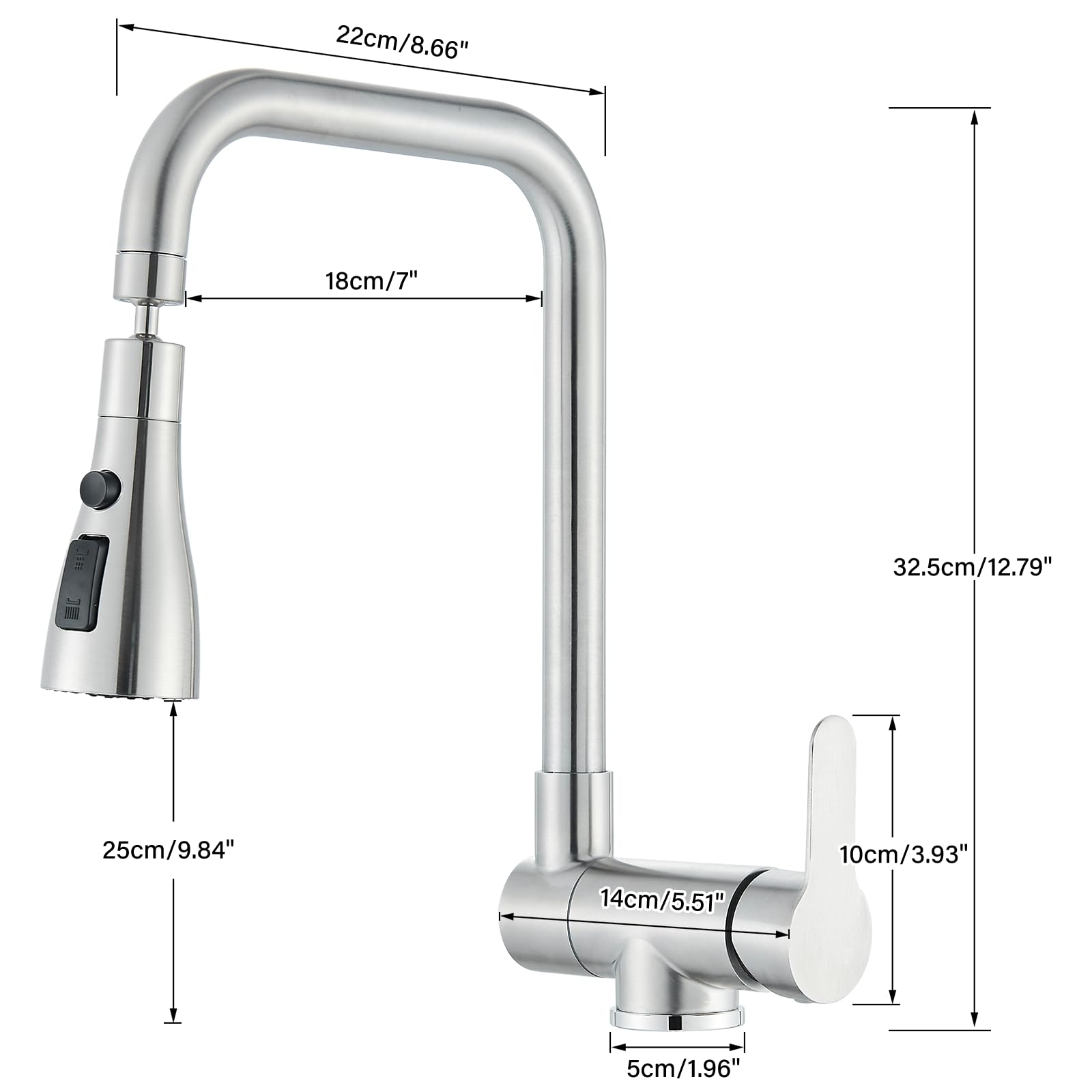 Einhebelmischer für Küche, klappbar, mit 3 Strahlarten, Küchenarmatur, faltbar, für Fenster, Küchenarmatur aus Edelstahl 304 (gebürstet)