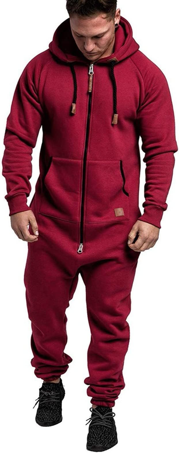 Męski kombinezon z kapturem zapinana na zamek jednoczęściowy piżama kombinezon do biegania kombinezon, Czerwony, 4XL