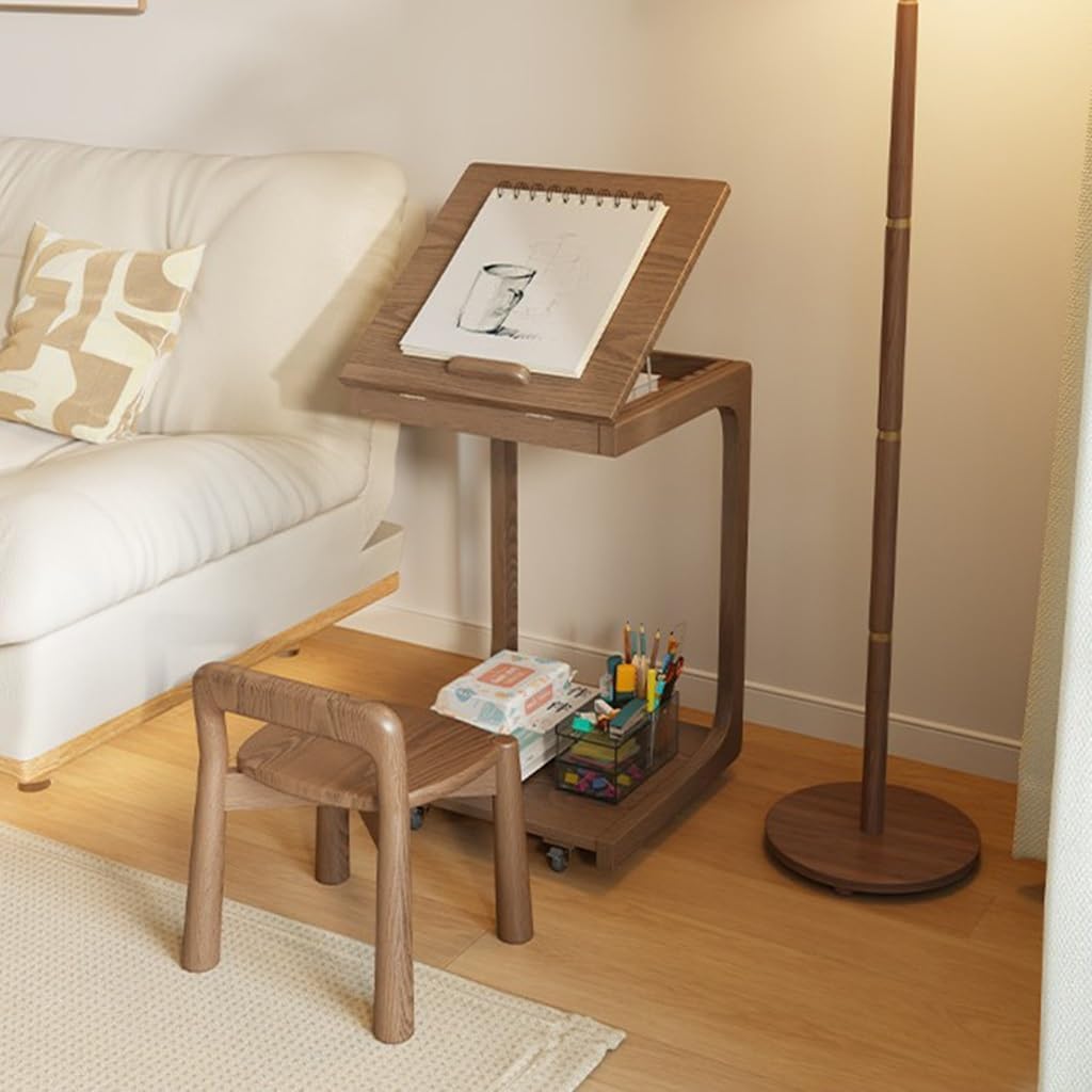 Mesa de TV ajustable en forma de C de madera maciza con ruedas, mesas auxiliares extraíbles para sofá, ideal para salas de estar, dormitorios y espacios estrechos