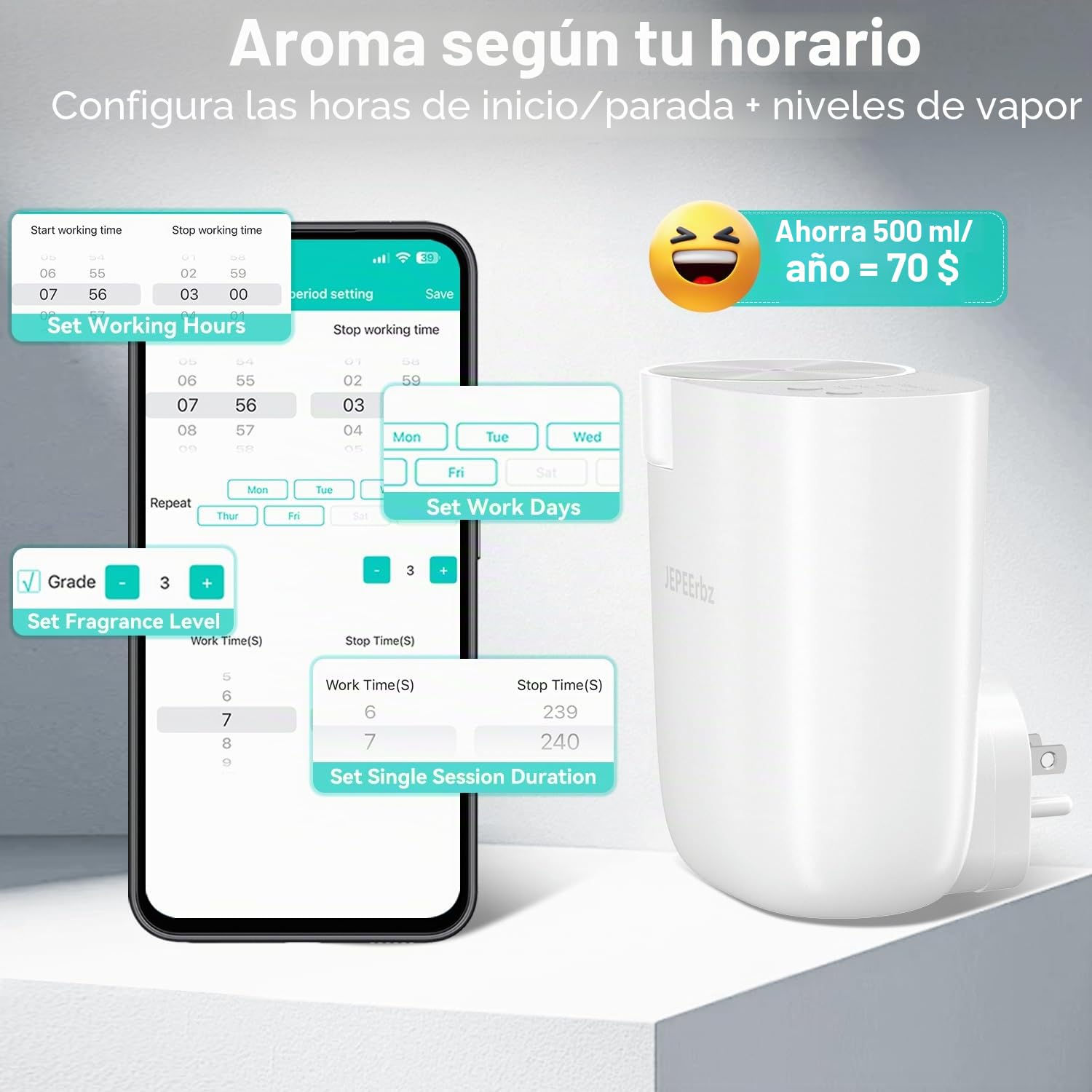 Difusor Aceites Esenciales Sin Agua, Difusor De Enchufe, Control Inteligente Vía App Bluetooth, Cobertura hasta 500 Ft²