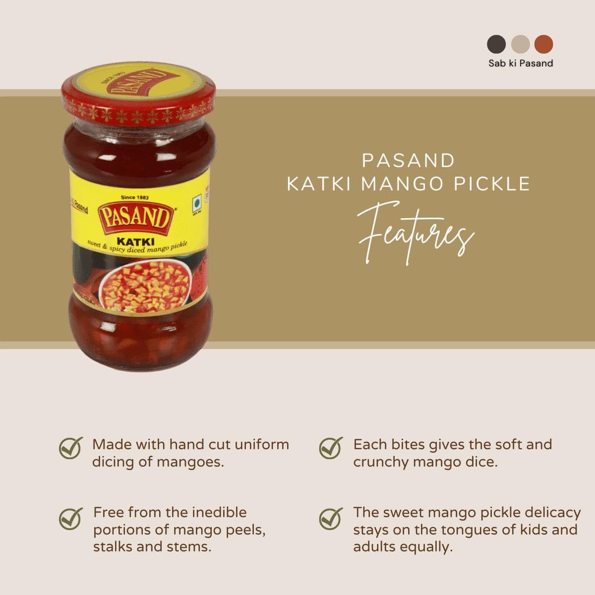 PASAND Katki Keri Pickle 340g | Traditional Gujarati Sweet Mango Pickle | Diced Raw Mango Achar | Authentic Katki Style Pickle | Sweet & Spicy Homemade Taste | Glass Jar 1