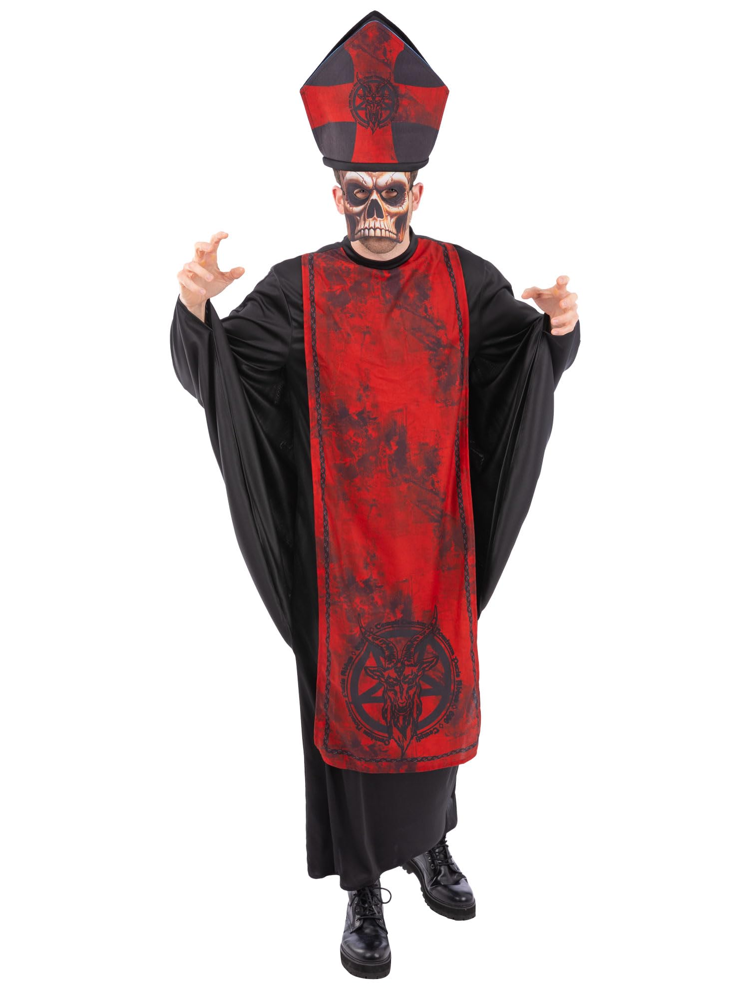 Smiffys Cardinal Sin Costume for Men with Red Robe Hat and Skull Mask Halloween Fancy Dress Outfit Sinister Priest Horror Costume