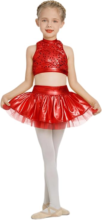 ODASDO Girls Metallic Dance Costumes Kids Shiny Sequin Tank Crop Top High Waist Ruffle Tutu Skirt Carnival Circus Outfits