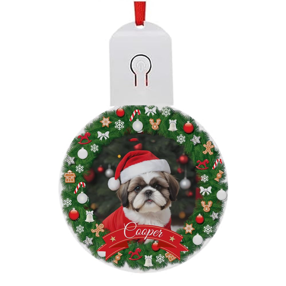 Personalised Christmas Tree Ornament with Dog Image and Name, Christmas Led Baubles, Acrylic Round LED Light Comes With battery, With Multi Color Settings.