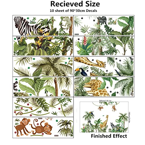 Large Size Tropical Palm Green Leaf Plant Animals Jungle Wall Decals For Kids Room Bedroom Cute Monkey Zebra Giraffe Big Vinyl Self-Adhesive Wallpaper Peel And Stick Woodland Forest Kindergarten Decoration Sticker Removable Diy Nursery Mural #TOP6
