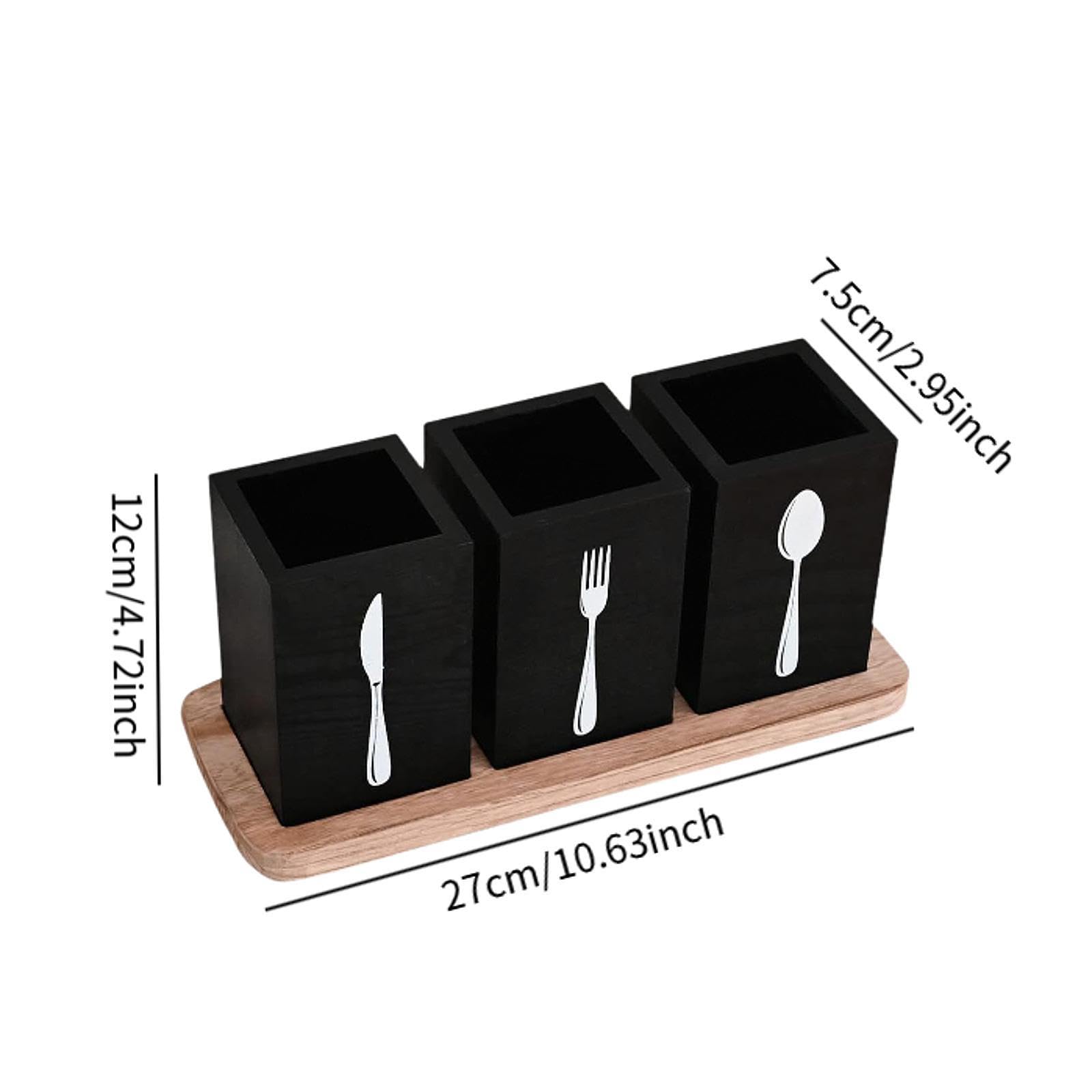 Porta Utensilios de Cocina, Porta Cubiertos, Organizador de Utensilios de Encimera de Madera con Bandeja, Organizador de Cubiertos para Cocinar Y para, Negro, tal como se describe