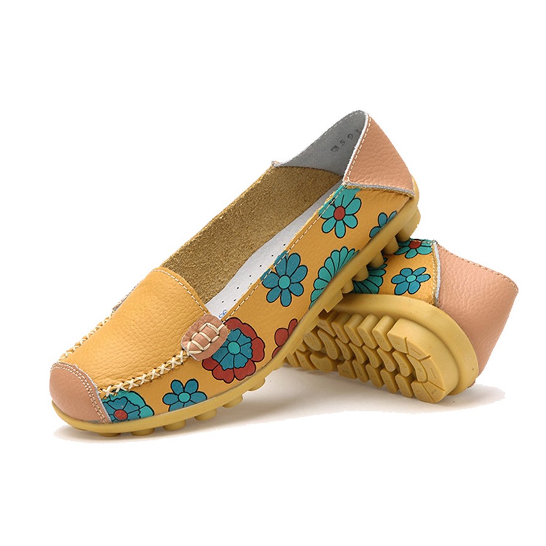 Fidella Women Bright Color Casual Flower Printed Slip On Leather Flat Pumps Shoes