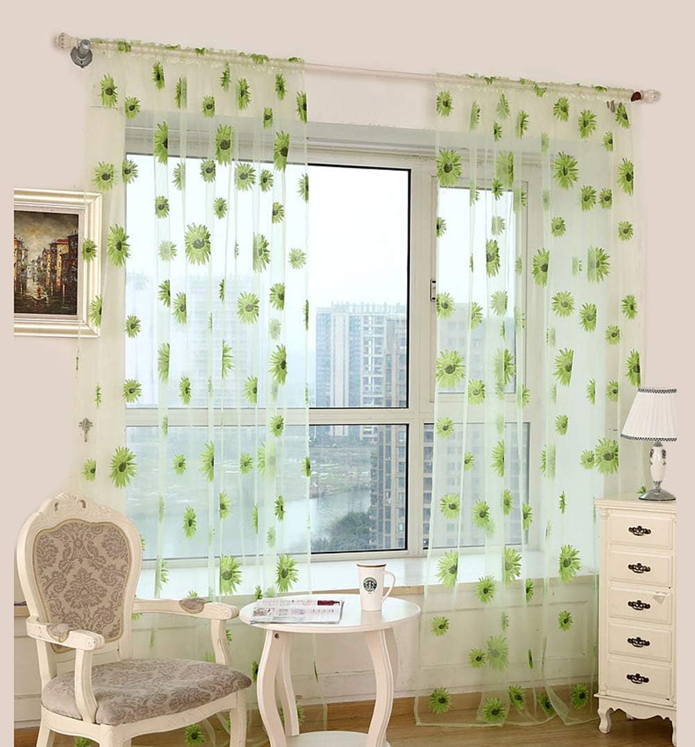 Sunflower Pattern Countryside Sheer Tulle Window Curtain Treatment Home Decoration for Dining Living Room Bedroom Balcony(1 Panel, W 50 x L 102 inch, Green)