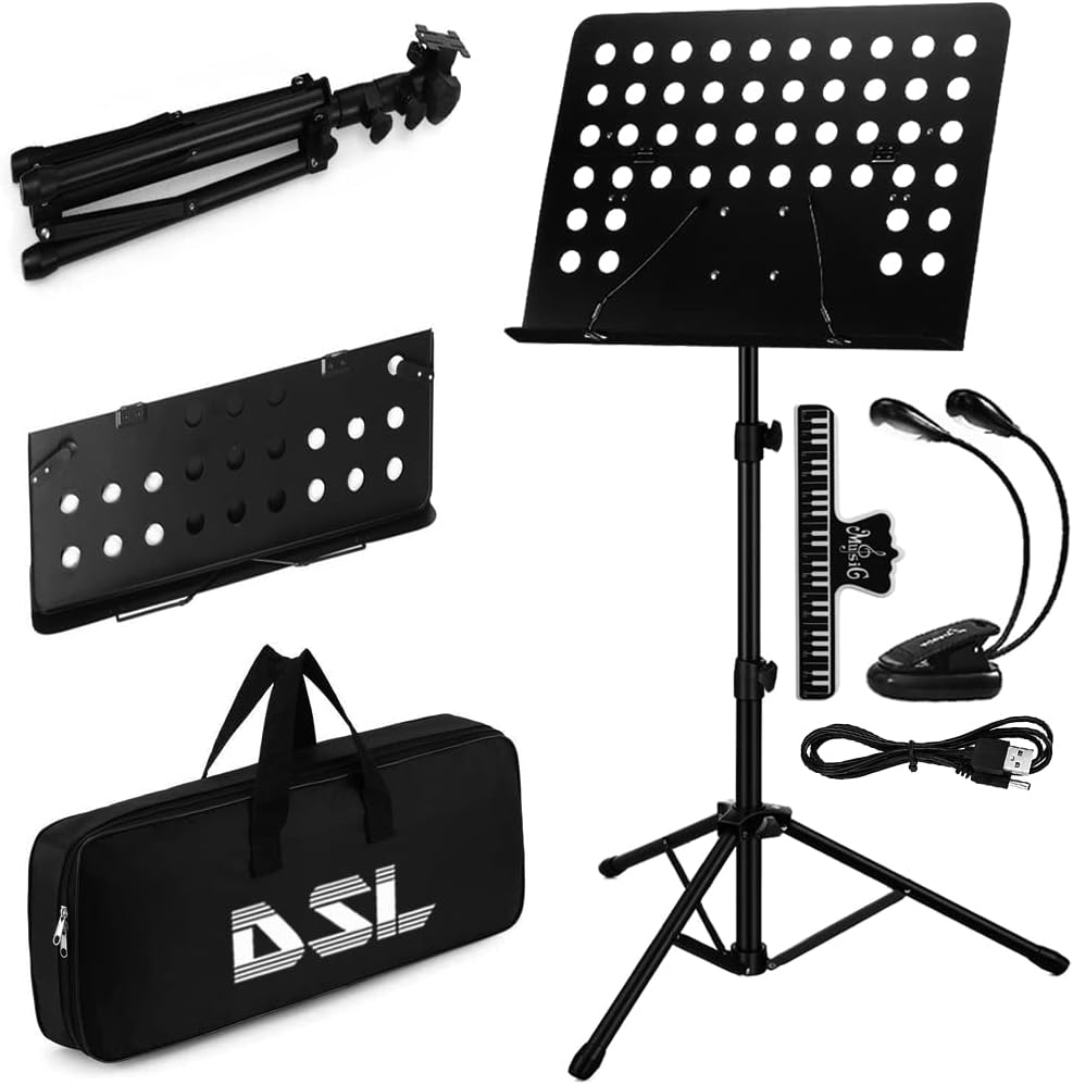 DSL Music Stand - Music Stands for Sheet with Carrying Bag - Metal Sheet Music Stand Foldable with Tripod Base - Black