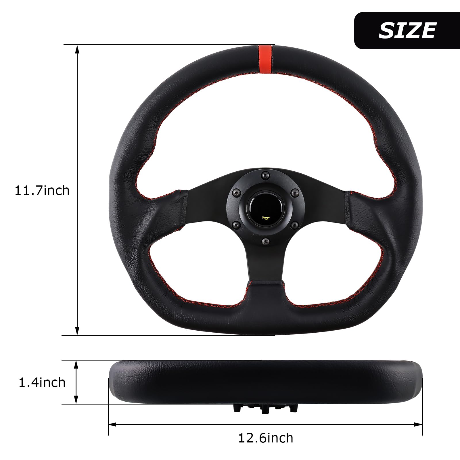 QYMOPAY 13 inch 6 hole Racing Steering Wheel 3 Aluminum Spoke with Horn Button, Red Stitched Leather Black Flat Bottom Steering Wheel (Red Stripe), SW068A-RD