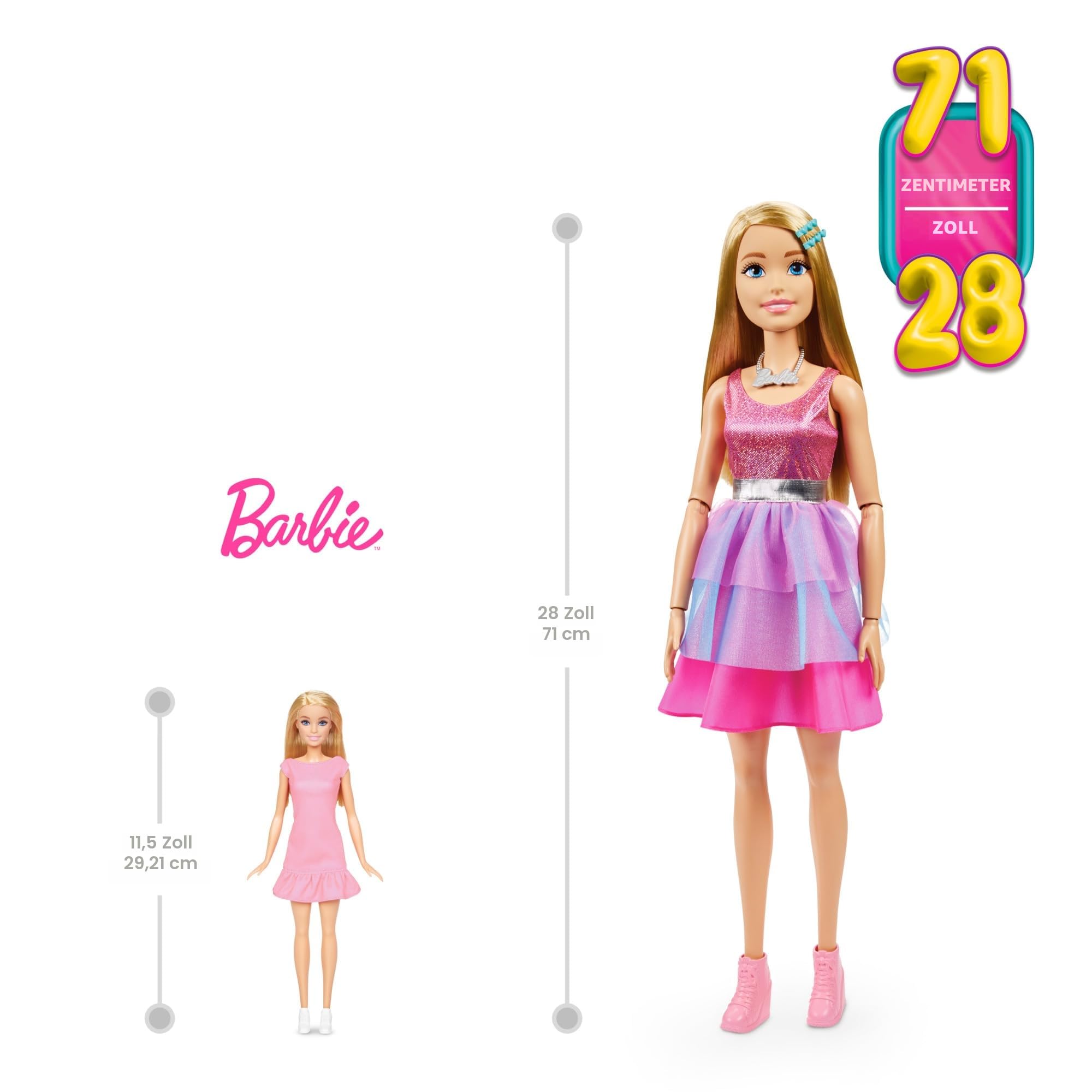 Barbie Extragroße Puppe (71 cm) - Pinkes Kleid, Blonde Haare mit Haarspange und Kette, Geschenk für Kinder ab 3 Jahren, HJY02