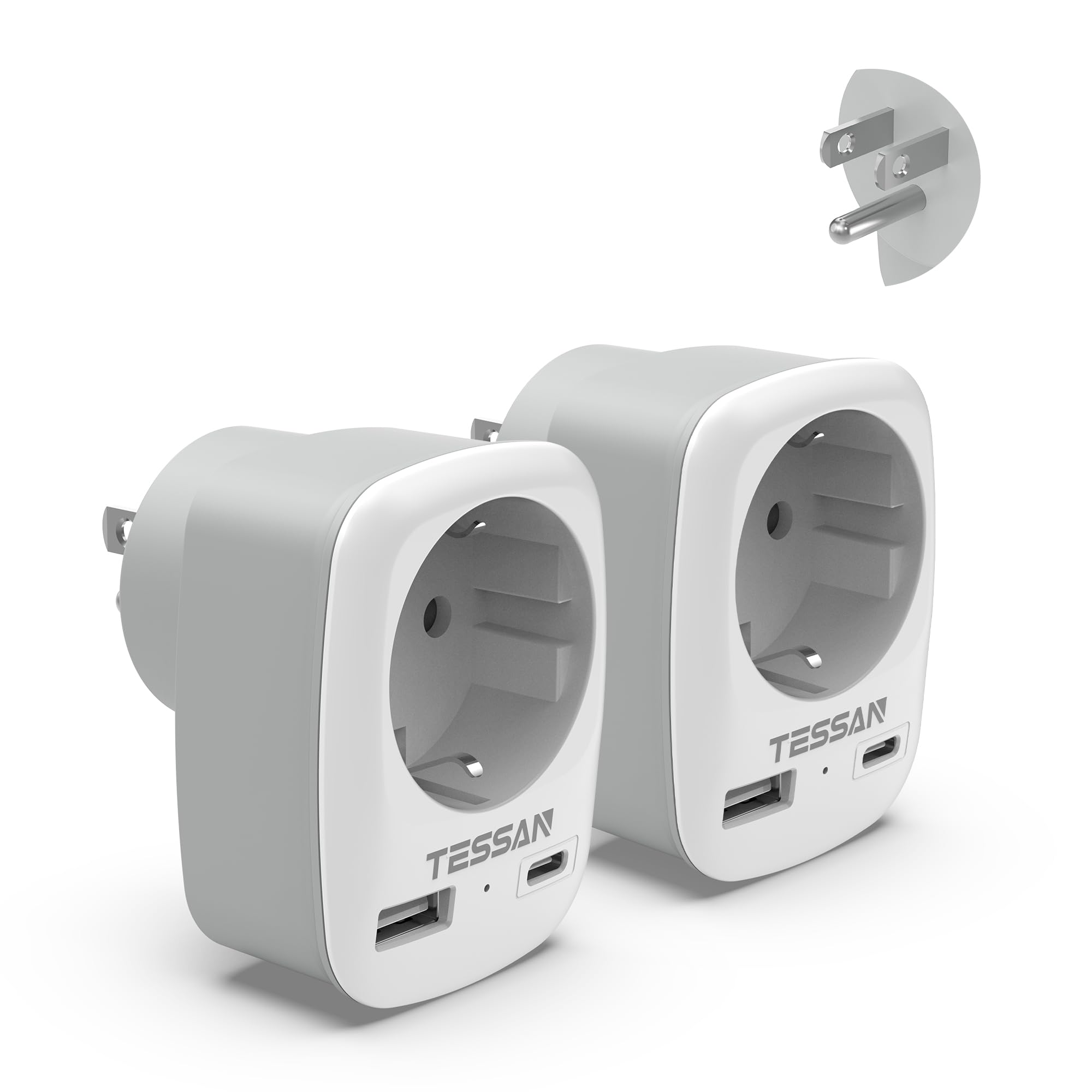 TESSAN Lot de 2 Adaptateur Prise USA, 3 en 1 Adaptateur Prise France vers USA 1250 W, Adapter Canada avec USB C et USB A, Chargeur Americain pour Philippines, Mexique, Thailande, Pérou