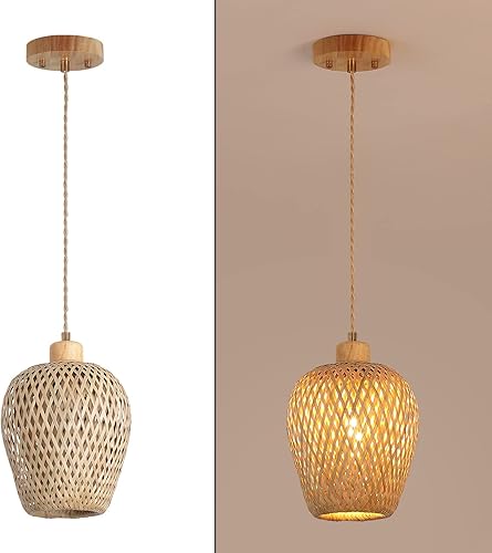 Miniatura 7 de Lámpara colgante de bambú de una sola luz, cesta bohemia ajustable hecha a mano, tejida a mano, mini iluminación colgante para cocina, isla,