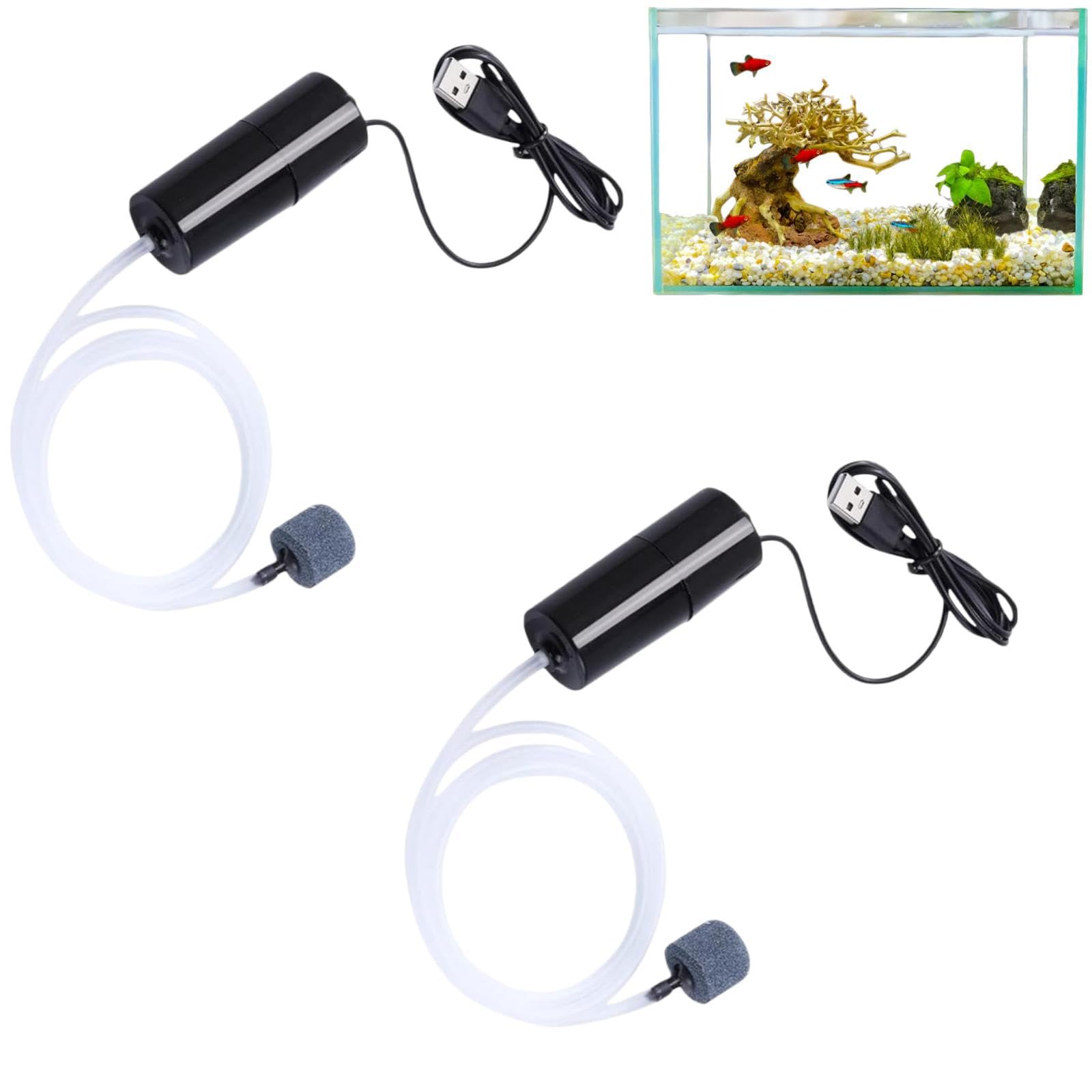 2Pcs Mini USB Aquarium Air Pump,Fish Tank Oxygen Pump,Air Pump Aquarium,Portable Energy Saving Oxygen Bubbler Aerator,Ultra Silent Oxygen Bubbler with Air Stone & Outlet Silicone Tube,for Fish Tank
