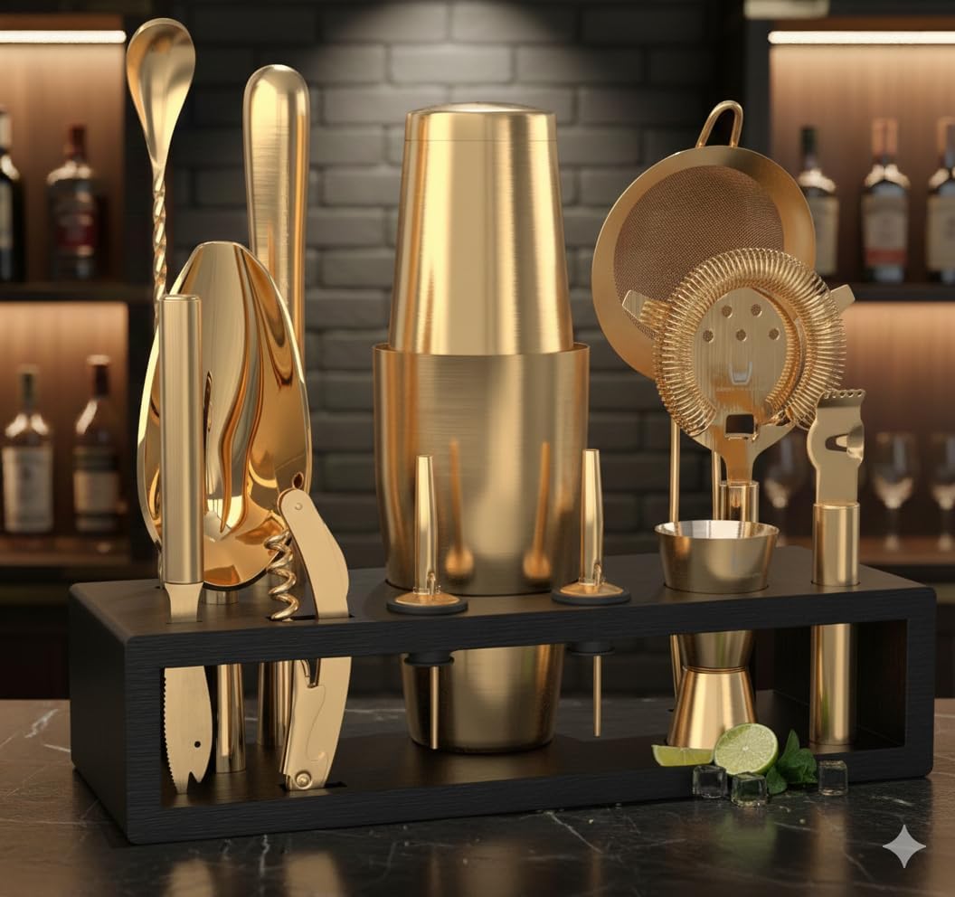 Highball & Chaser Bartender Kit with Black Bamboo Stand Beautiful Cocktail Shaker Set and Bar Tools Stainless Steel Boston Shaker Bartender Kit with Stand (Antique Gold)