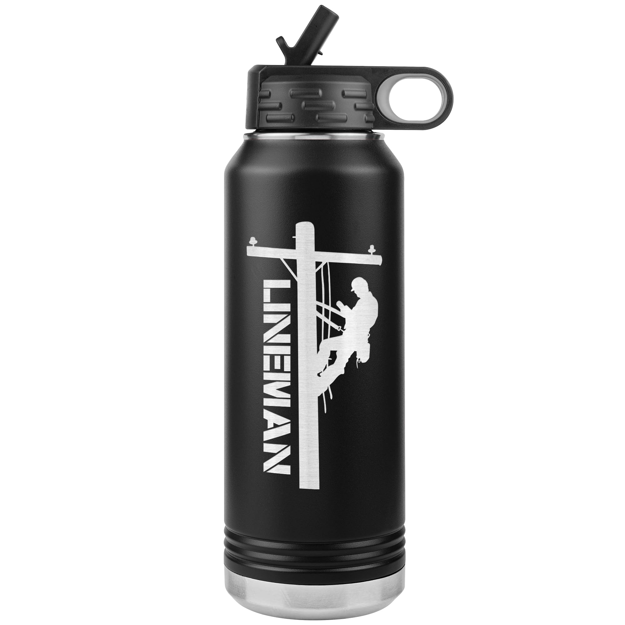 Lineman Water Bottle - 32oz Insulated Engraved Stainless Steel Flip Top With Straw Gift - Black