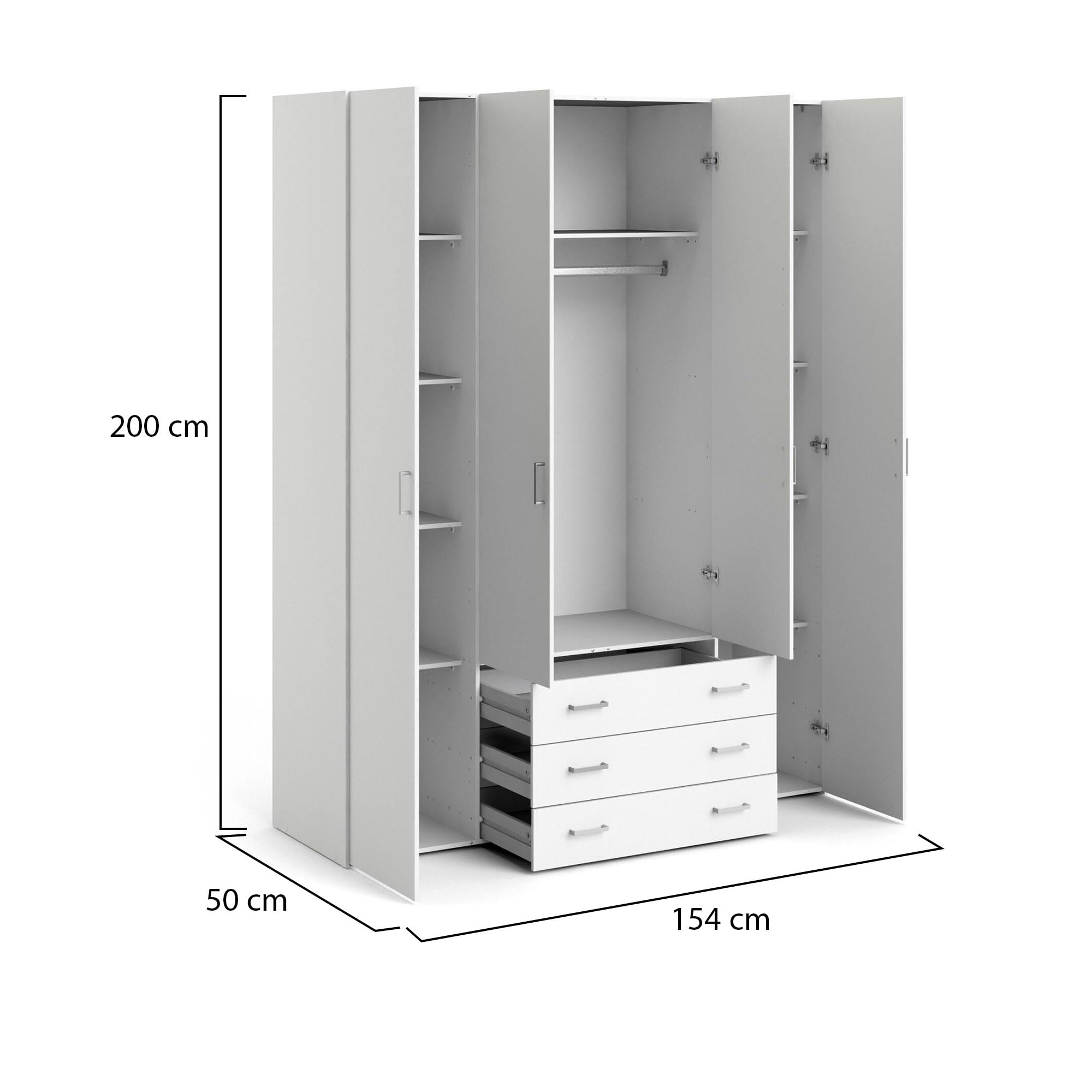 Dmora - Guardaroba grande Francine, Mobile camera da letto, Cabina armadio portabiti, Armadio appendiabiti, 154x50 h200 cm, Bianco