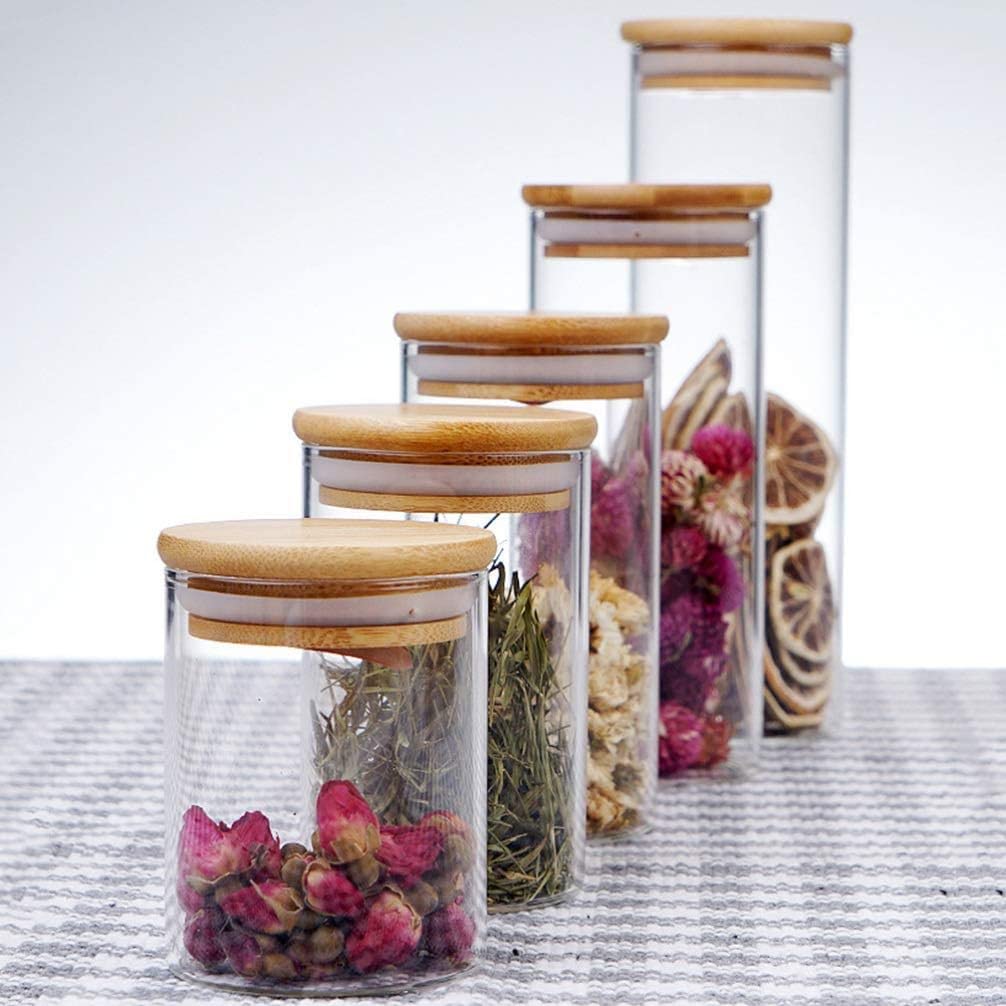 Frasco de vidrio con tapa hermética de bambú Frasco de vidrio de borosilicato transparente Recipiente perfecto para la organización de la cocina Mantiene la comida seca y fresca (550 ml)