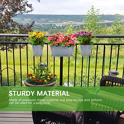 Image of PerGar 3 Pack Metal Railing Planter Box Outdoor, 10.6 inch Hanging Flower Pots with Detachable Hooks & Drainage Holes, Rail Planter Boxes for Balcony Deck Porch Fence Garden Home Decoration, Dark Blue