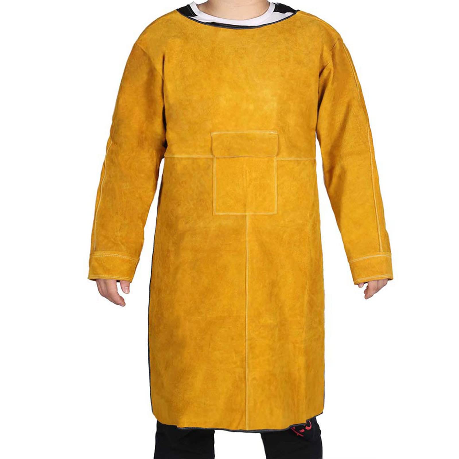 ENJOHOS Delantal de soldadura integrado para soldadura Esparcidor de fuego de cuero Delantal accesorio de soldadura por salpicadura antitermal Soporte de herramienta de fuego amarillo 105 cm