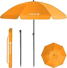 HOMEDEMO Parasol Plage Inclinable avec Revêtement Argenté, Protection Solaire UV50+, avec Pied d'Ancrage à Visser & Housse de Protection, pour Terrasse, Piscine, Marché, 200cm, Orange
