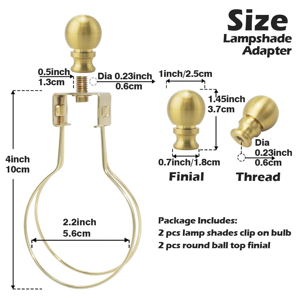 Asjeumt 2 Pieces Lamp Shade Light Bulb Clip Adapter Kit, Antique Brass Lampshade Holder with Round Top Finial, No Harp Required, Clip on Bulb, DIY Replacement Repair Table & Floor Light Metal Parts