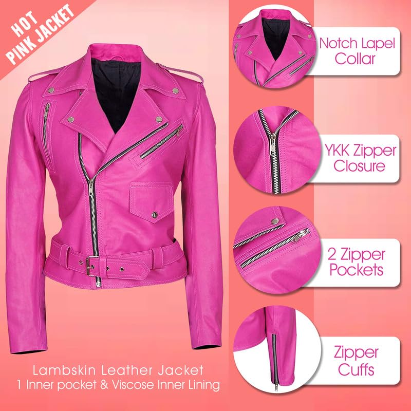 Womens Hot Pink Lambskin Real Leather Jacket - Motorcycle Style Fashion Brando Biker Genuine Leather Jacket2