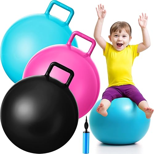 Lewtemi 3 pelotas de ejercicio Hopper Ball con asa, 18 pulgadas, azul lago, negro, rojo rosa, material de PVC fuerte
