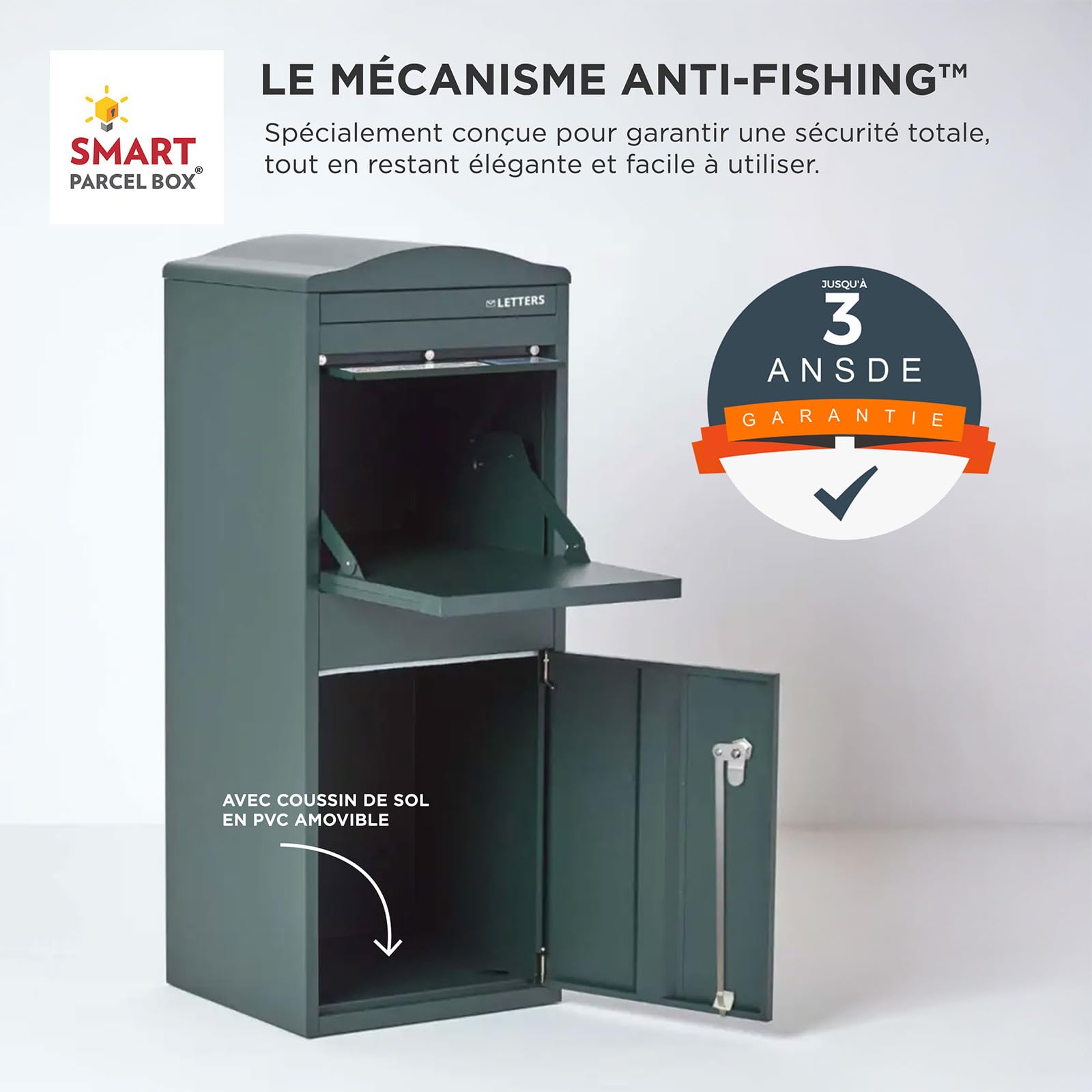 SMART PARCEL BOX Boite aux Lettres sur Pied, Boite à Colis extérieur, Acier galvanisé, Large, Serrure 3 clés, Vert foncé, 41.5 x 38.5 x 104 cm