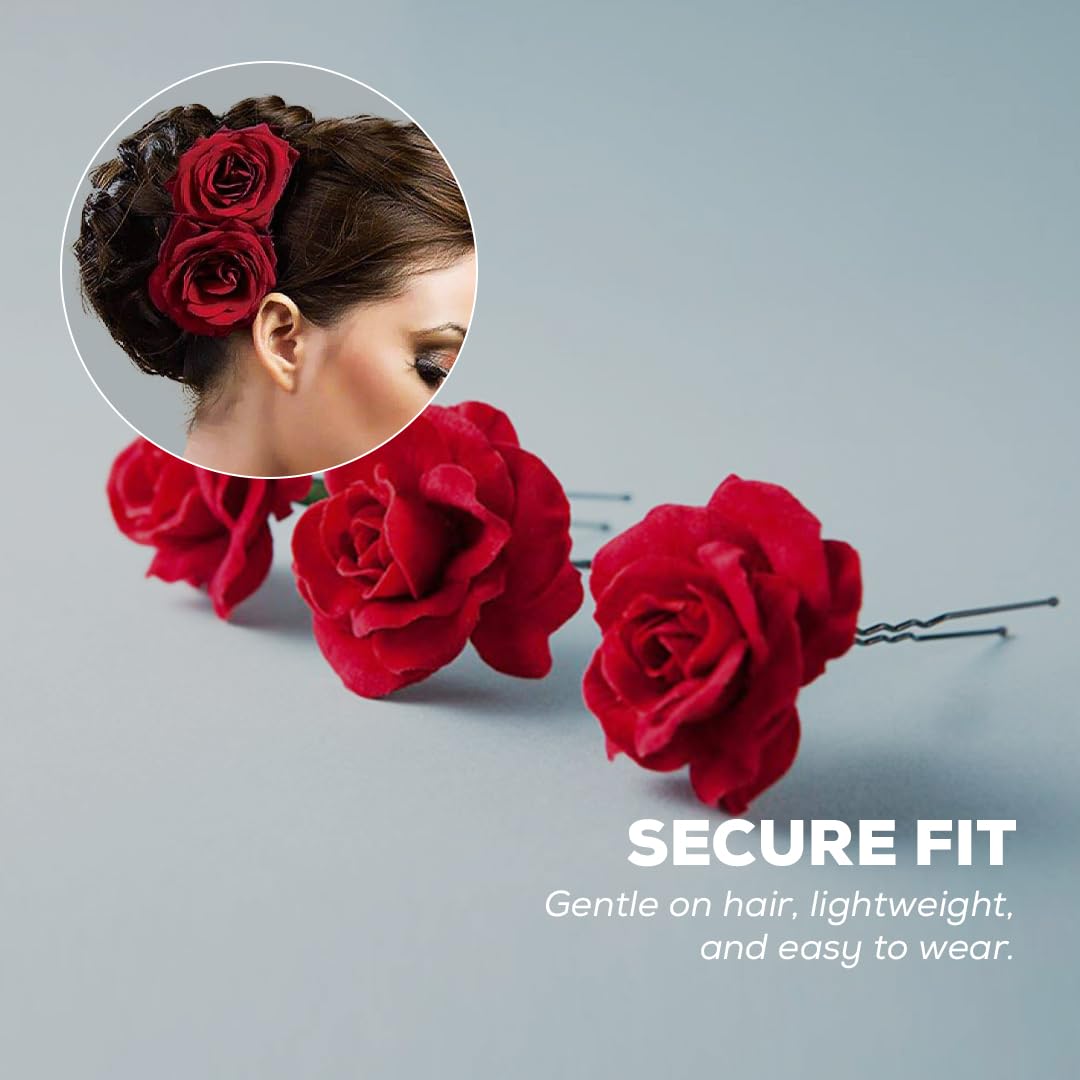 Multibrite Small Red Rose Hair Clip, Bobby Pins for Thick & Thin Hair, Artificial Flower Clips for Wedding, Party & Casual Days, Juda U Pins, Stylish Hair Accessories for Women's and Girls (2 Pcs) 3