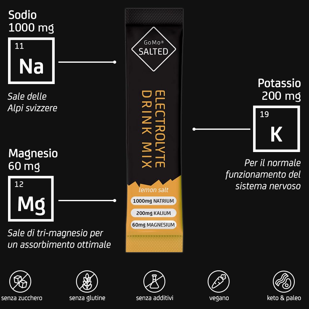 GoMo SALTED Hydration Aid | Elettroliti senza zucchero | migliore assorbimento dell'acqua e idratazione rapida | 30 porzioni singole di polvere elettrolitica con sale alpino svizzero | Gusto Limone