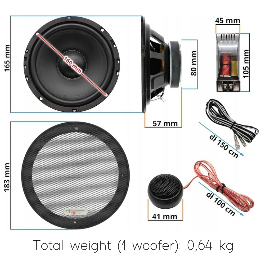 KIT SET POUR EXCALIBUR XC173 1 kit 2 voies avec haut-parleurs 6,5" 16,5 cm, 60 watts rms et 400 watts max, 4 ohms, avec 2 woofers 2 tweeters et 2 crossovers, pour voitures, 1 kit + accessoires offerts