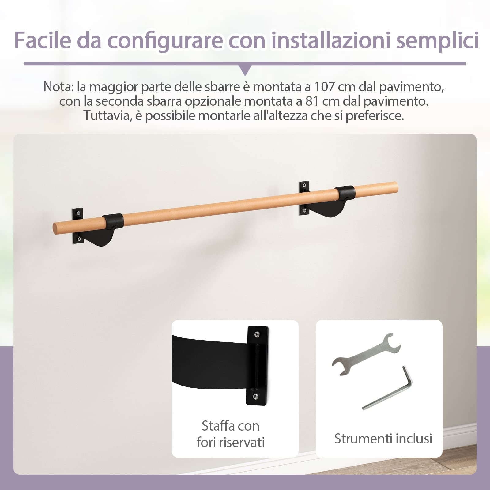 COSTWAY Sbarra Danza Classica da Parete, Barra per Balletto Singola, Idelae per Yoga, Stretching, Allenamento e Pose di Balletto, 120 x 15,5 x 31 cm