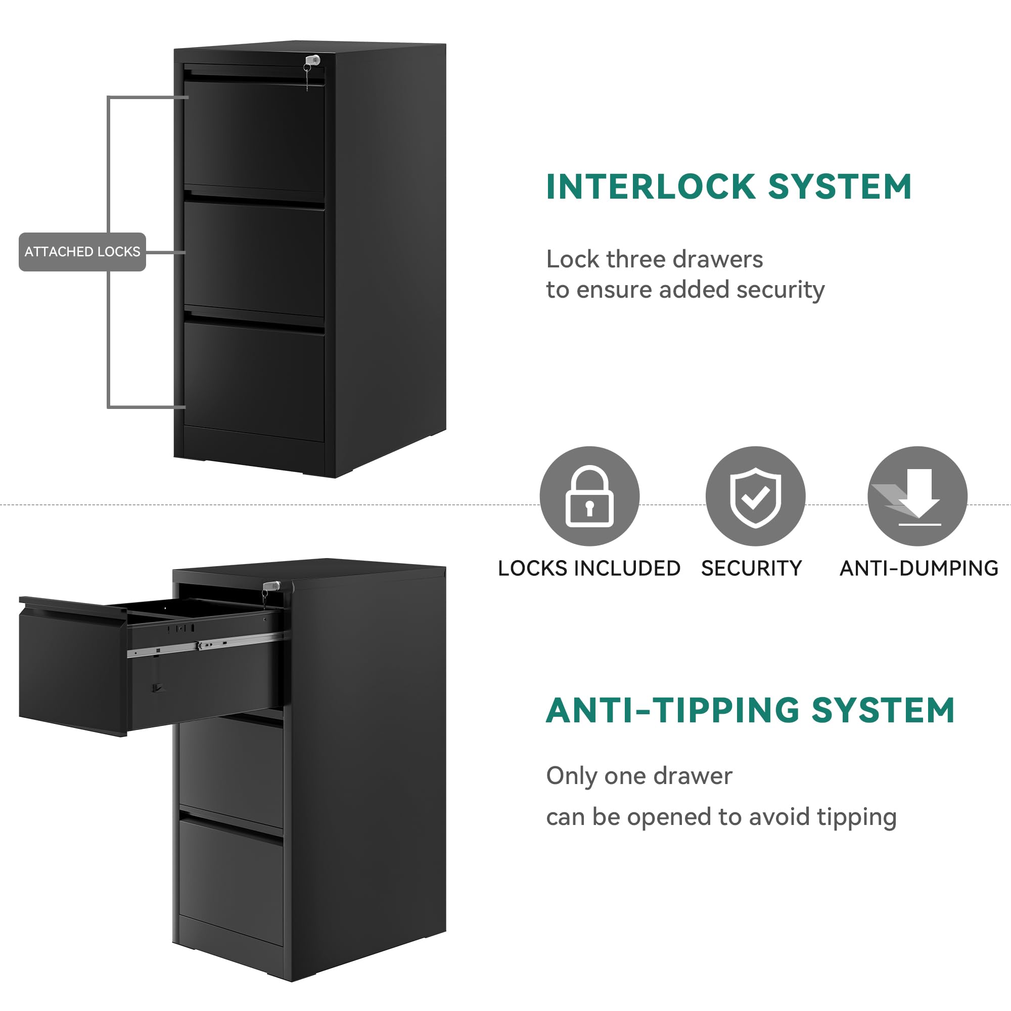 YITAHOME Aktenschrank mit 3 Abschließbaren Schubladen, Kippsicherer Rollender Aktenschrank mit Rädern für das Büro zu Hause, Unter-Pult-Aktenschränke, schwarz, 62 x 45.8 x 102.5cm