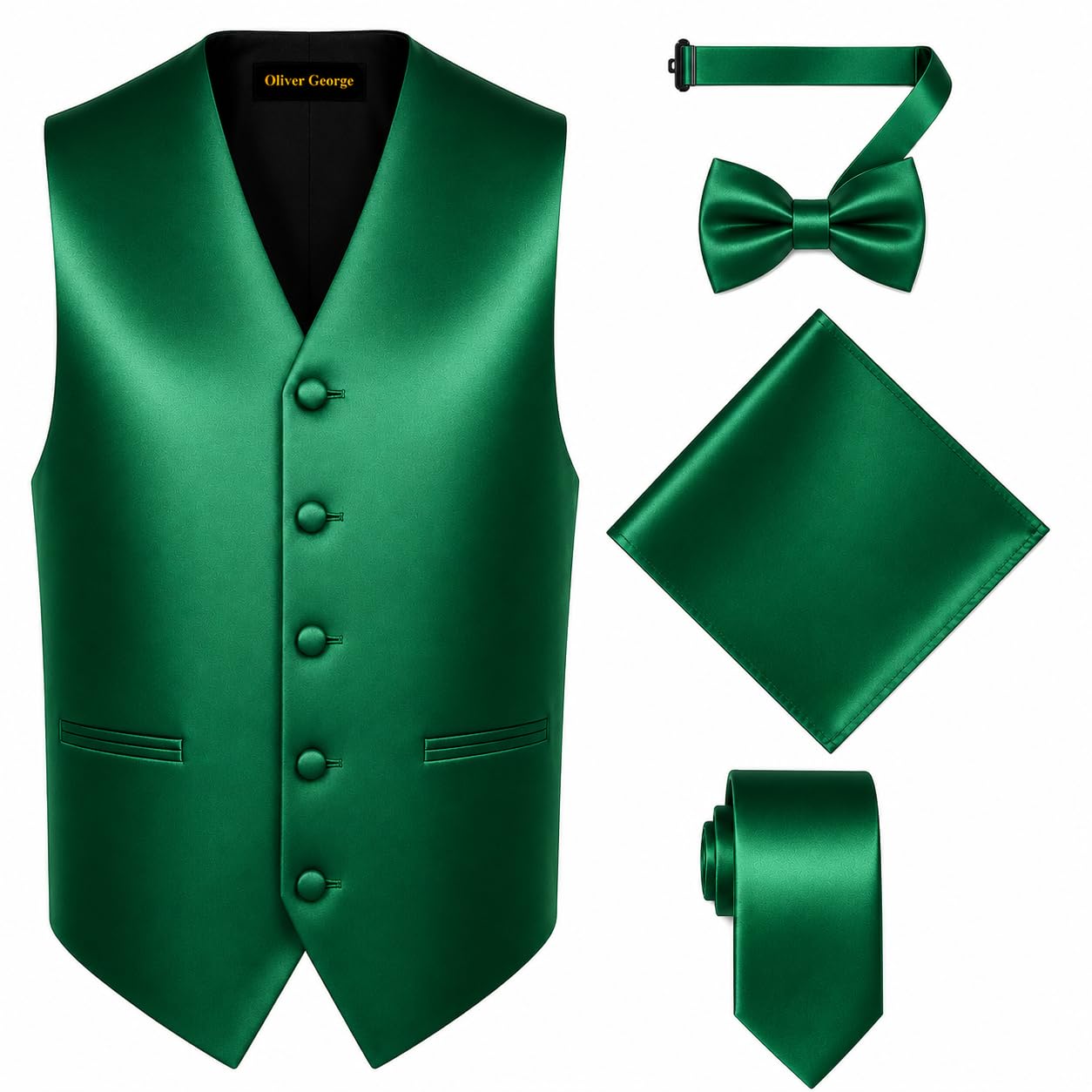 Oliver George 4pc Men's Solid Formal Suit Waistcoat Tuxedo Dress Vest Necktie Bowtie Handkerchief Set for Suit or Tuxedo