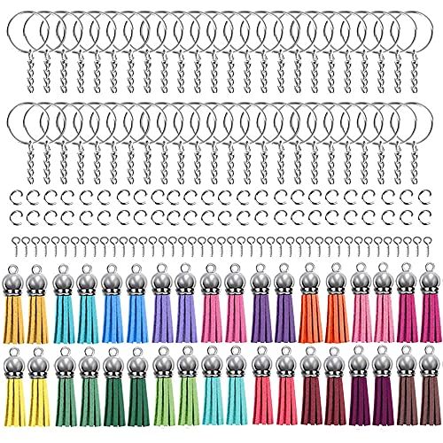 Keychain Tassels, 220 Pcs Bulk Keychain Rings Set with 50Pcs Keychain Tassels, 50Pcs Key Rings with Chain, 60pcs Screw Eye Pins and 60 Pcs Jump Rings, for Keychain DIY Crafting
