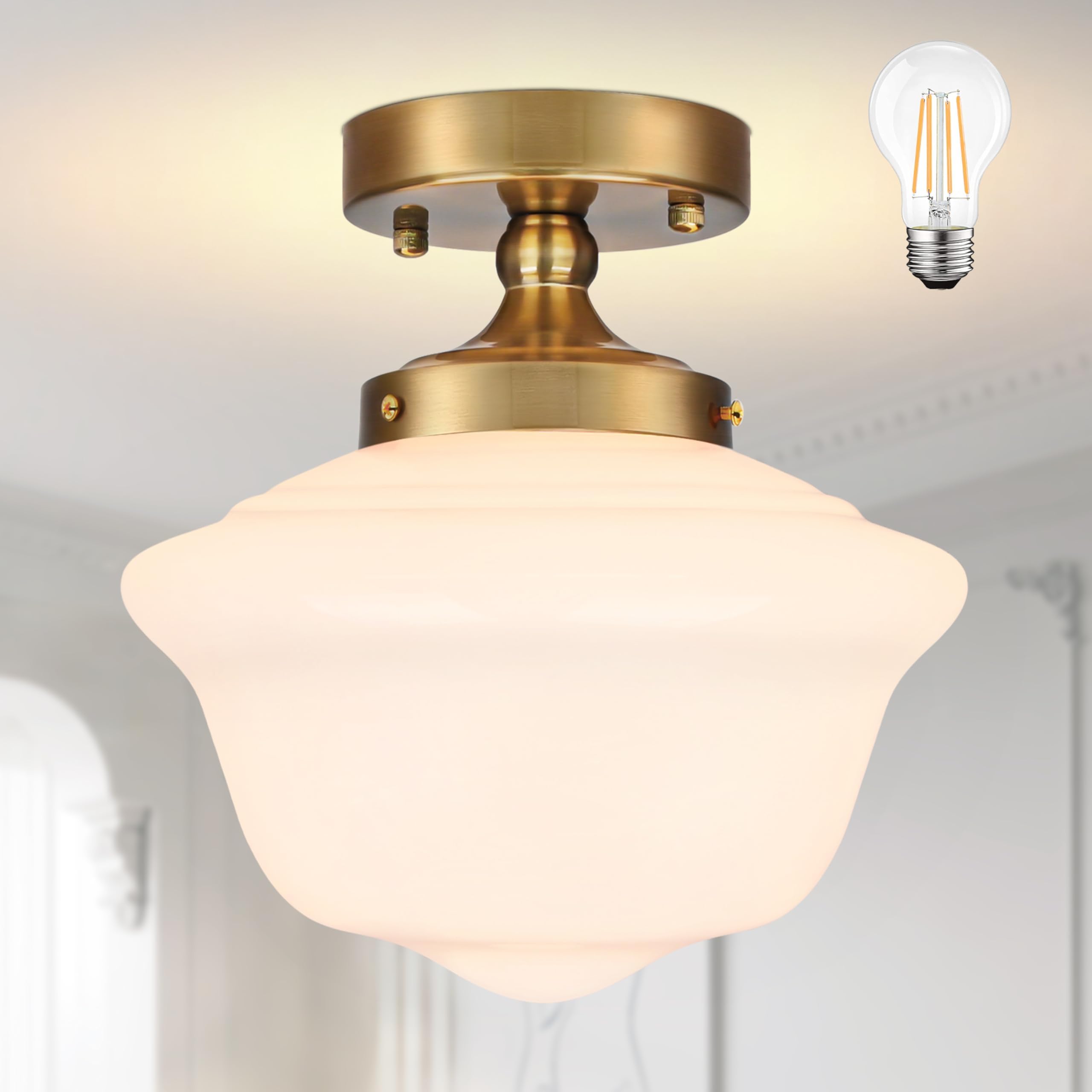Photo 1 of Bagood 10" Mid Century Light Fixture Gold Schoolhouse Lights Fixture Schoolhouse Light Fixtures Ceiling Milk Glass Lights Fixtures Semi Flush Mount Ceiling for Bathroom Kitchen (Bulb Incl.)