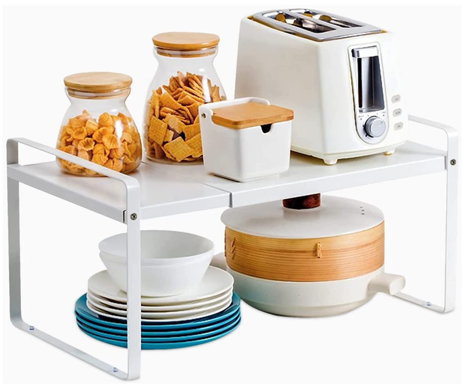 TAME Expandable Cabinet Shelf Organizer Rack, Kitchen Cabinet Organizer Shelves Spice Rack Cupboard Organizers Storage, Cabinet Pantry Shelf Kitchen Cupboard Stand Spice Rack (White)