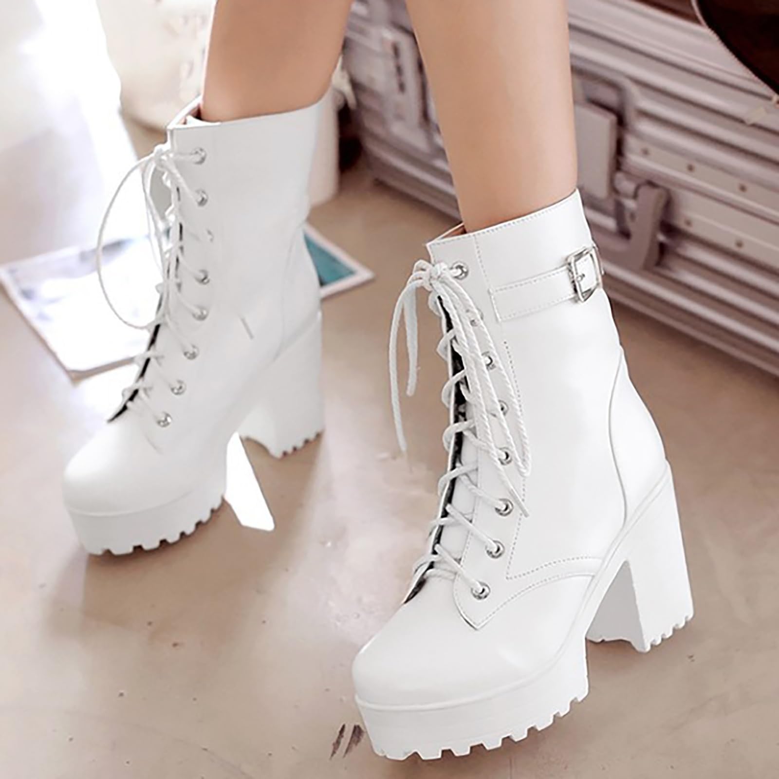 MEECHI Gothic Plateau Stiefeletten Damen PU-Leder Biker Booties Blockabsatz Ankle Boots Mit Schnalle Herbst Winter Schnürstiefel Sexy High Heels Knöchel Schuhe Für Party