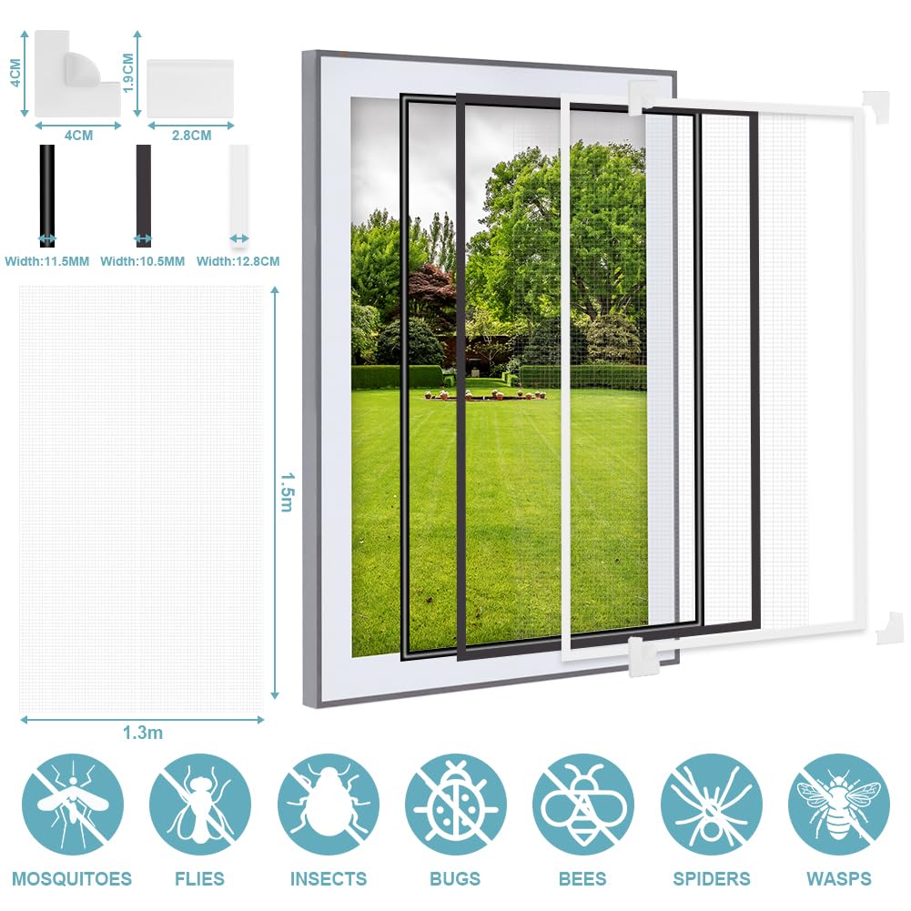 Flintronic Mosquitera magnética para ventanas, Mosquitera para ventanas de fijación con Imán incorporado, recortable individualmente hasta 130 x 150 cm, sin taladrar ni atornillar [Blanco]