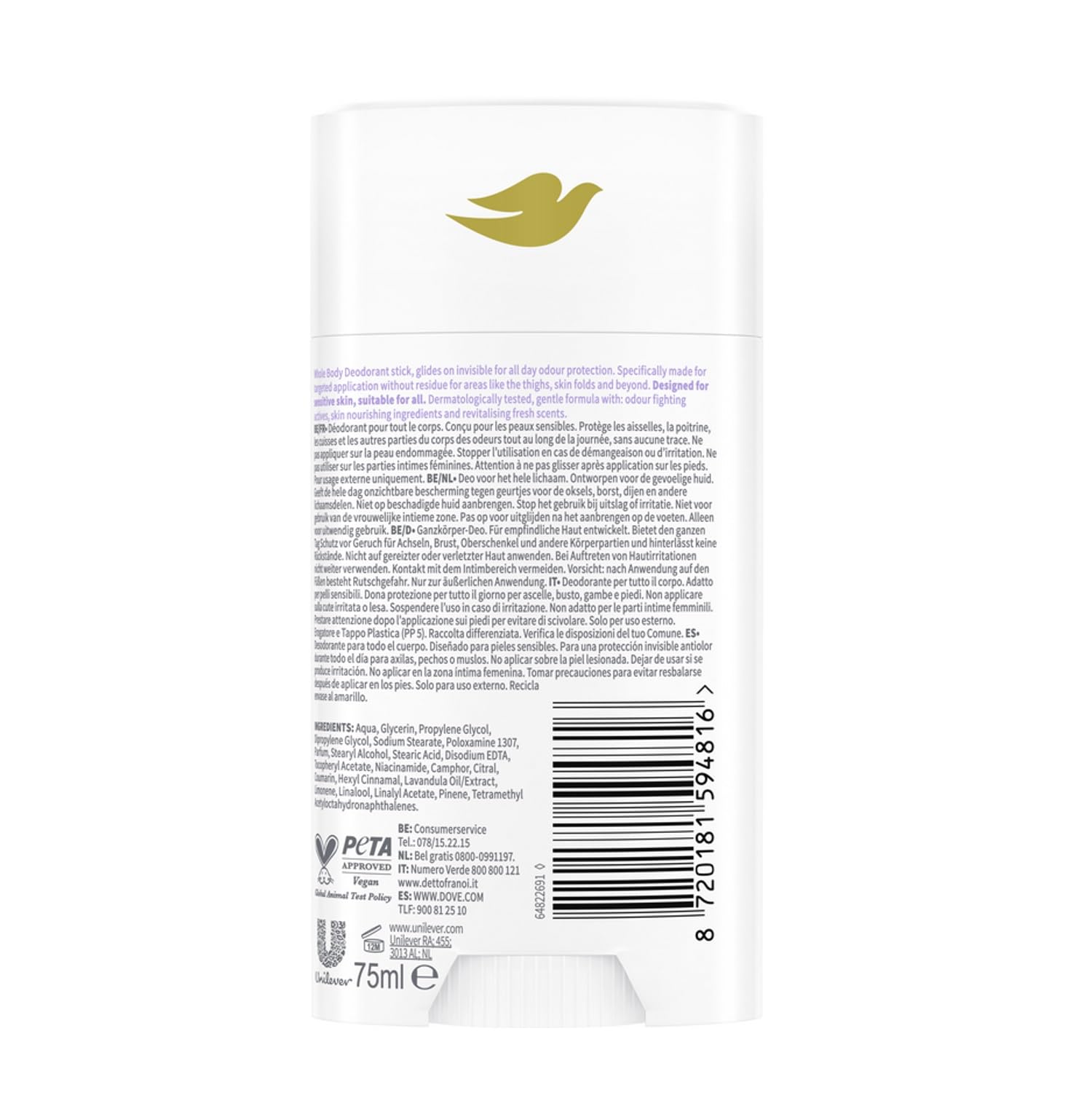 Desodorante corporal Whole en barra Lavanda E Camomilla, desodorante en barra de lavanda y manzanilla, 6 x 75 ml + Polpa italiana Gourmet 400 g