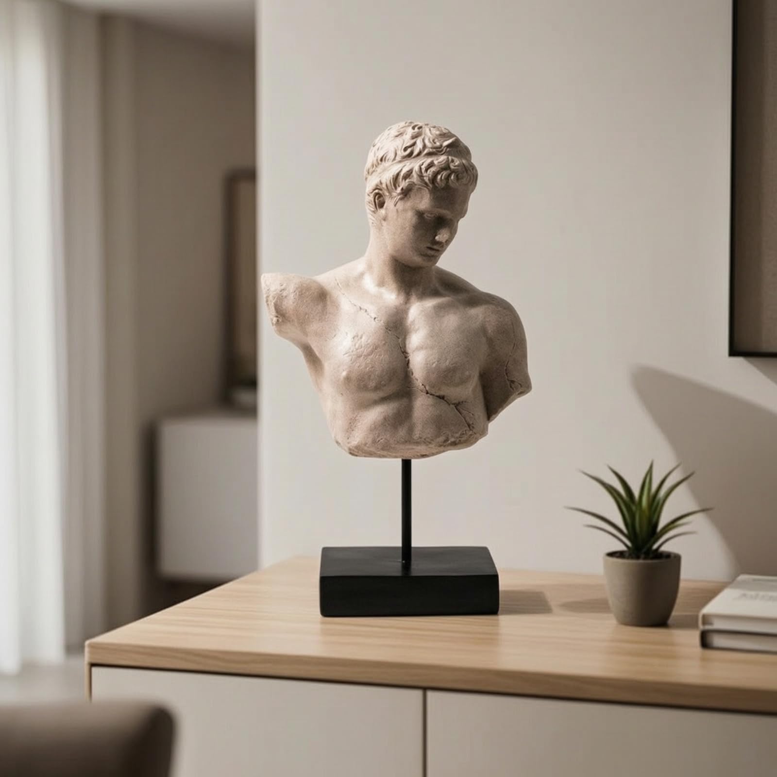 LOVIVER Escultura de Resina Busto Clásico Estatua Figura Decoración Arte Clásico con Textura Craquelada y Base Estable en Madera y Metal Adecuada para Salón