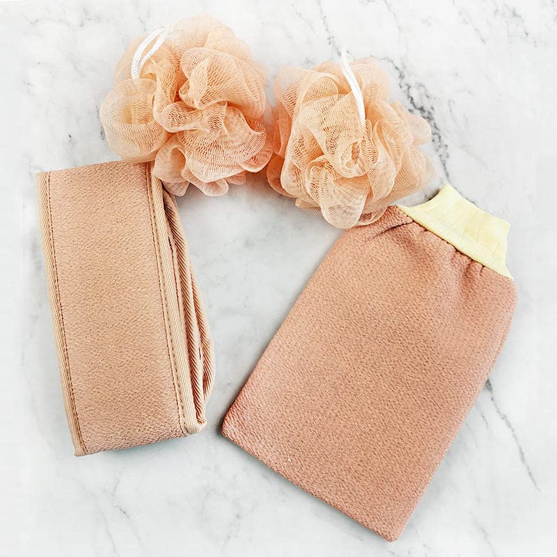 Adaamya® 3PCS Unisex Bathing Exfoliating Set Back Scrubber, Sponge Loofah & Glove Double Side Scrubbing Strap Dead Skin Remove Body Scrubs for Skin Deep Cleaning (Random Color) (Pack of 1