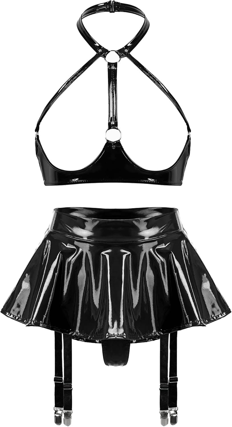 Freebily Women's Shiny Metallic Mini Skirts with Hollow Out Crop Tops Solid Liquid Lingerie Outfits