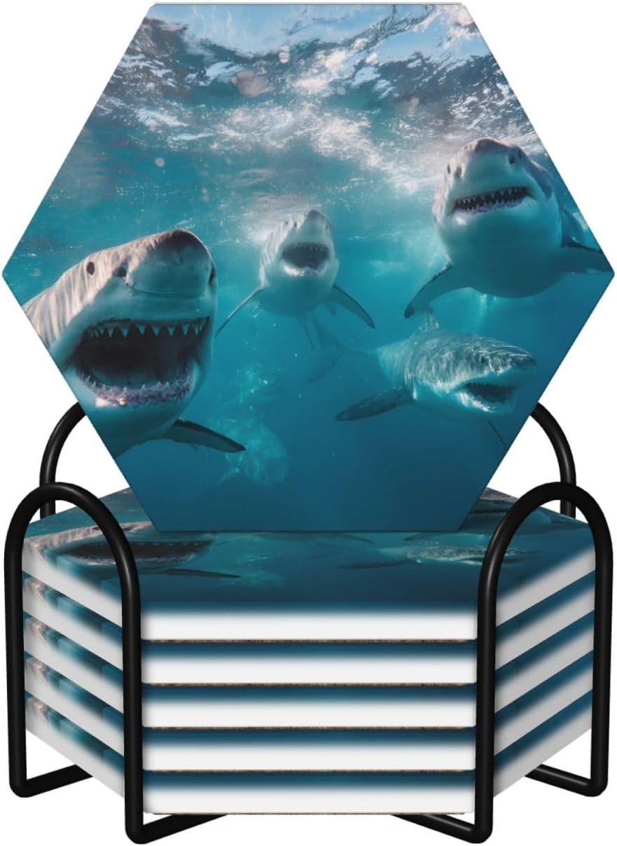 (Group) Ceramic Coasters Set of 6 with Holder Non-Slip Hexagon Coffee Coasters for for Cup Mug Drink Patio Coffee Table Decor, Christmas Coasters Home Bar Supplies