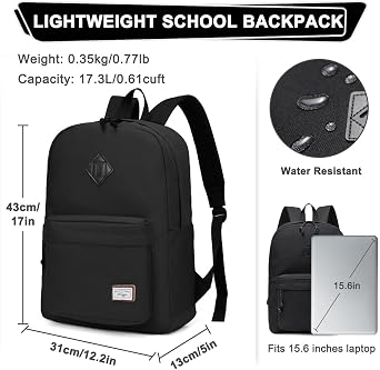 School Backpack, Lightweight Water-Resistant Rucksack 17.3L Large Capacity Backpack for Men Women Teenagers Casual Daypack Travel Work Hiking