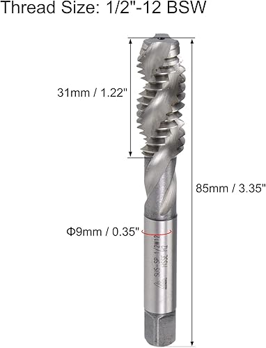 Miniatura 2 de uxcell 12 "-12 BSW espiral flauta roscada, herramienta de roscado de máquina HSS-cobalto tornillo roscado herramienta para reparación de roscas